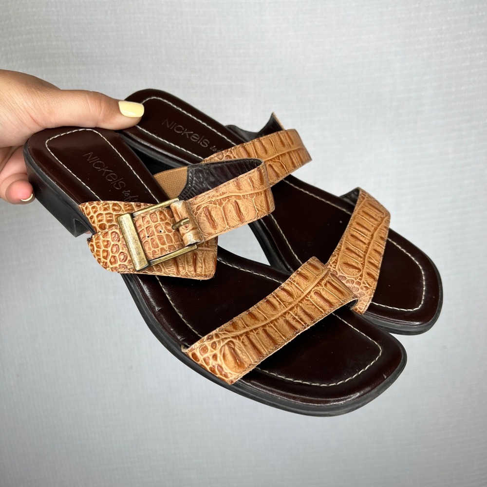 Nickels Soft Womens Sandals Tan Brown Faux Crocodile‎ Buckle Block Heel Slides